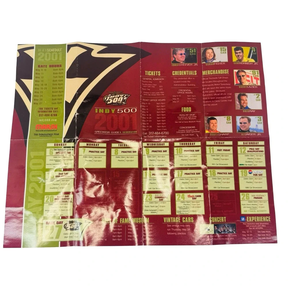 2001‎ Indy 500 Spectator Guide Track Map Official IMS Program Insert Vtg Racing